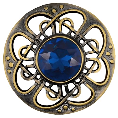 Image of Elegant Culloden Plaid Brooch - Scottish Kilt Fly Plaid Brooch Intricate Celtic Knot in Pewter with Gemstone 3-Inch Diameter - Ideal for Scottish Kilts & Formal Wear