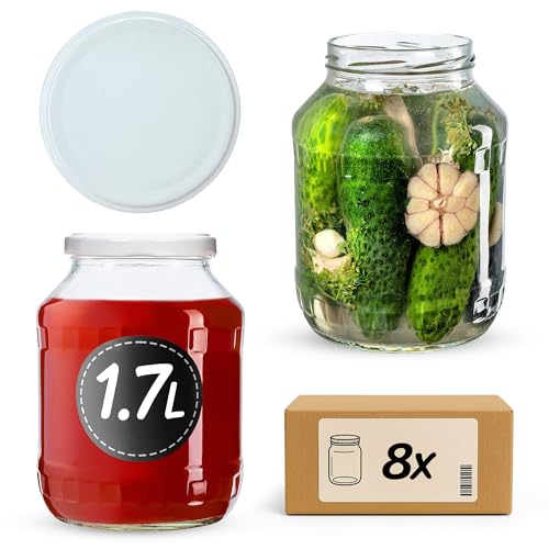 KADAX Tarros de conservas de 1,7 l con tapa de rosca fi89, grandes tarros de conservas con apertura ancha para encurtidos, kimchi y chucrut, tarros para conservas y fermentación (blanco, 8 unidades)