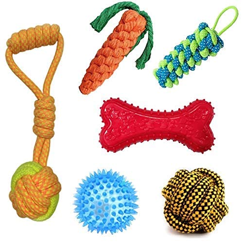 RvPaws 6 Pack Puppy Chew Toys Gift Sets,Interactive Toys | Tug of War | Red Squeak Bone | Led Ball | Dummy | Carrot | Rope Bone |