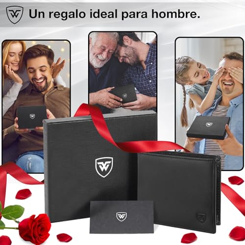 Miniatura 6 de Wonsefoo Carteras Hombre, Billetera Bifold Delgada Con Rfid, 10 Ranuras Para Tarjetas Incluye Id , Ranuras Para Billetes, Bolsillo Para Monedas, Caja De Regalo Negro