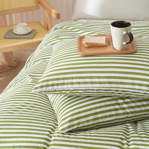 Image of LifeTB Striped Comforter Set Full Size 3 Piece Soft Fluffy Green White Stripes Pattern Printed Bedding Set Lightweight Breathable Comforter Set Farmhouse Striped Bedding Comforter with 2 Pillowcases