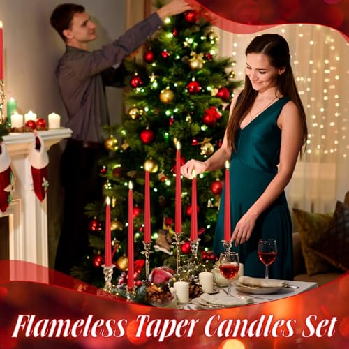 Image of Rossesay 24 Pcs Flameless LED Taper Candles Battery Operated Candle 8.5 inch, 9.65 inch, 10.8 inch, 12.8 inch Flameless Candlesticks Flickering for Christmas Church Wedding Indoor Decoration(Classic, Red)
