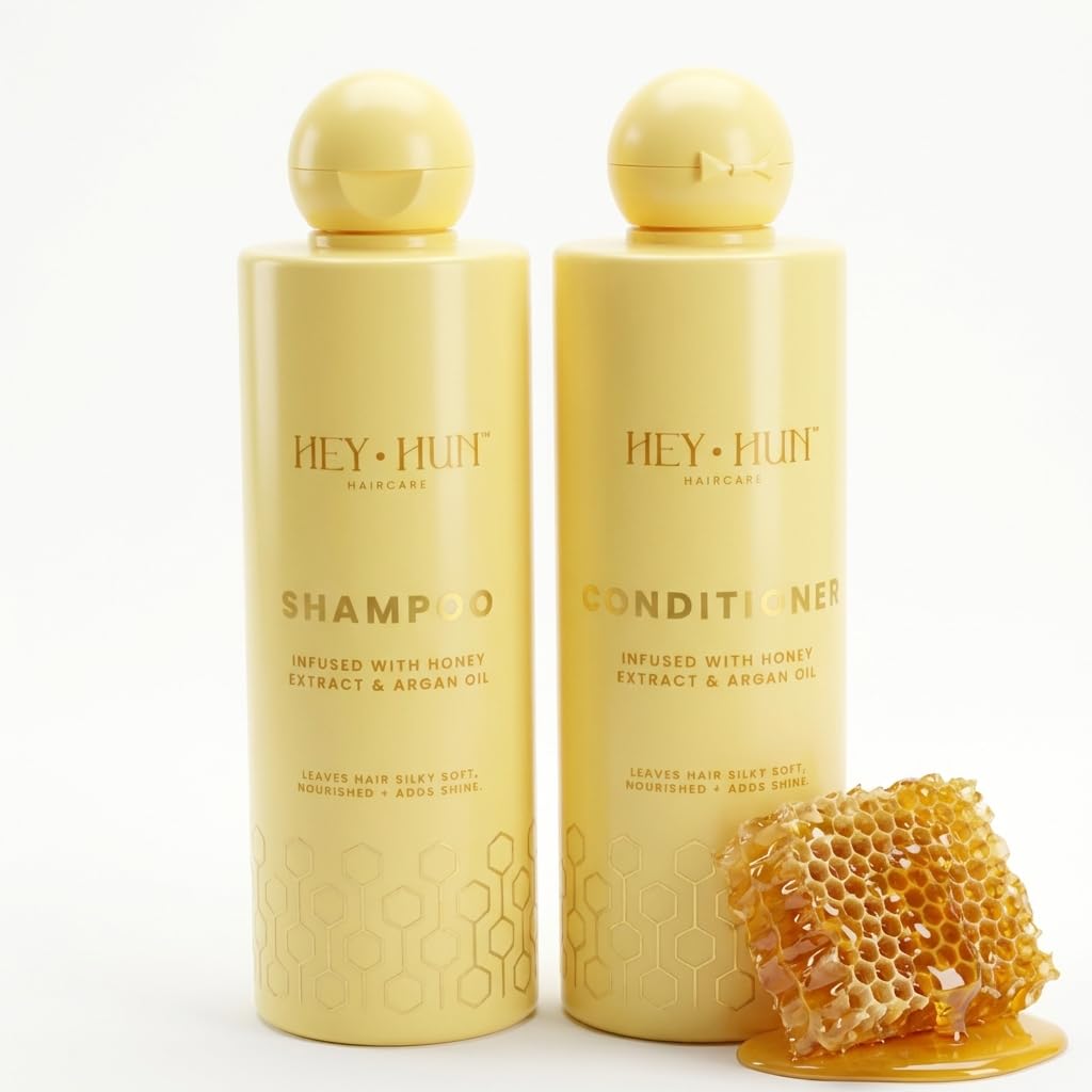 HEY HUN Sulphate Free Shampoo and Conditioner Set with Argan Oil & Honey - Moisturising Hair Care for Dry Damaged Frizzy Hair - Colour Protecting Hair Treatment Set for All Hair Types (2x300ml)