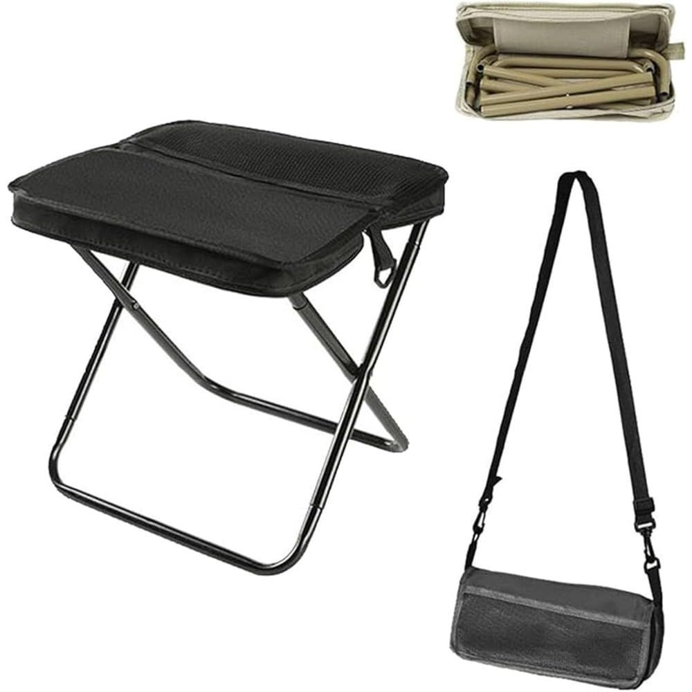 Foldable Backpack Stool, Folding Mini Outdoor Camping Stool, Foldable Lightweight Hunting Seat with Zippered Carrying Bag, Folding Slacker Chairs for Fishing Travelling Picnics (Green, Large) (Black)