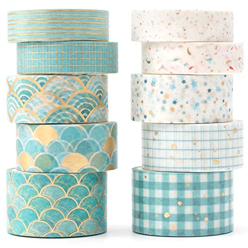 YUBX 10 Rouleaux Washi Tape Ruban Adhésif Papier Décoratif Masking Tape Washi créatif en feuille d'or pour Scrapbooking Artisanat de Bricolage (bleu bronzé)
