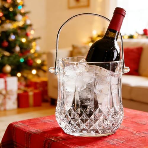 Glass Ice Bucket with Handle and Ice Tong Holds 37oz of Ice Clear Crystal Ice Buckets for Cocktail Bar Wine Home Bar Accessories Parties Clear Champagne Bucket