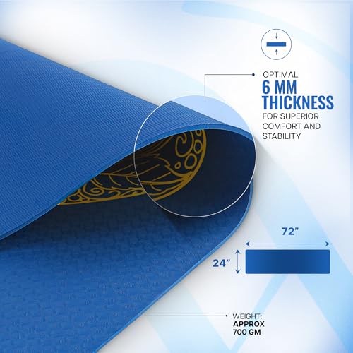 Image of WiseLife Printed Yoga Mat for Women & Men | 6mm Thick Non-Slip Exercise & Fitness Mat | Anti-Skid Workout Mat with Carry Strap for Yoga, Pilates, Meditation, Stretching & Home Gym (Blue Mandala)