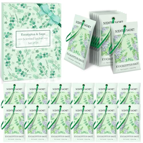 Scent-Hi Sobres Perfumadas, Salvia Eucalipto Perfumados, per Fumadas para Baños Coches Cajones y Armarios, Set de 14 Bolsitas