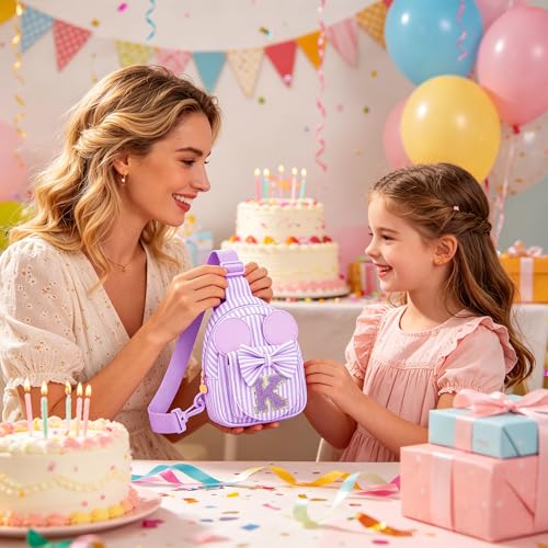 Image of Initial Purse for Girls Kids,Birthday Gifts for 3-8 Years Old | Personalized Crossbody Bag, Small Toddler Sling Bag Cute Fanny Pack, Gift for Daughter Sister Grandkids, Striped Purple K