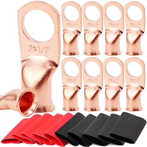 Image of 10pcs 2 AWG-1 /2 inch Battery Lugs, Copper Wire UL Listed Heavy Duty Cable Ends, Tubular Ring Terminals, Crimp Wire Ring Connectors With 3:1 Heat Shrink Tubing