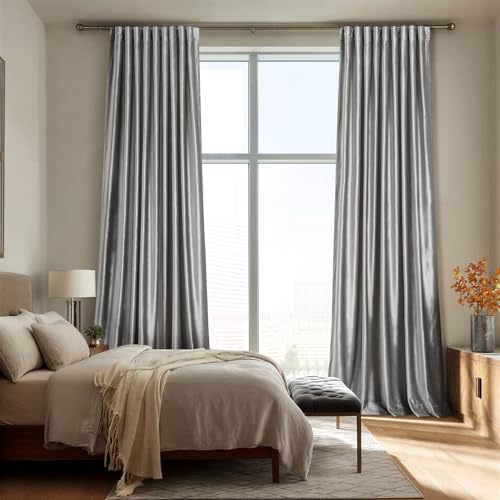 Image of 100% Full Blackout Silver Grey Velvet Curtains 84 inch Long for Living Room,Set of 2 Panels Liner Rod Pocket Back Tab Thermal Window Curtains Room Darkening Heavy Decorative Drapes for Bedroom
