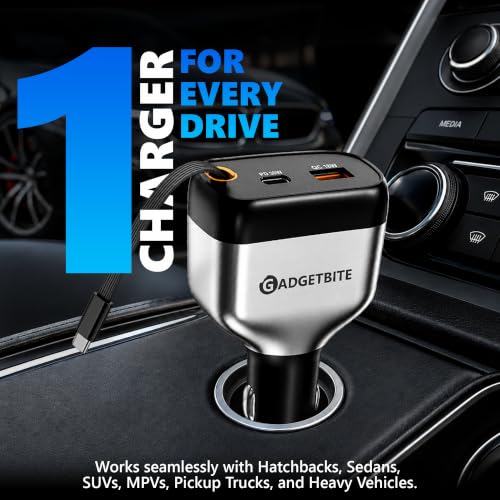 Image of GadgetBite EON 84W Fast Car Charger with Dual Type-C PD 30W & 33W, USB-A 18W Output, Multi-Port Charger with Built-in Cable 0.85m, Universal Compatibility for Smartphones, Tablets & iOS (Grey)