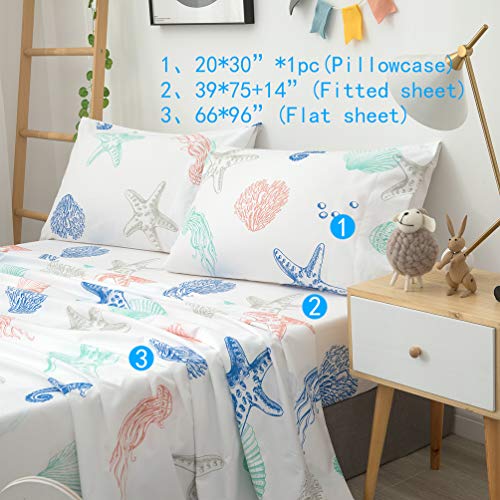 Jsd Beach Theme Kids Printed Sheet Set Twin Deep Pocket, 3 Piece Soft Starfish Jellyfish Warm Microfiber Bed Sheets #TOP2