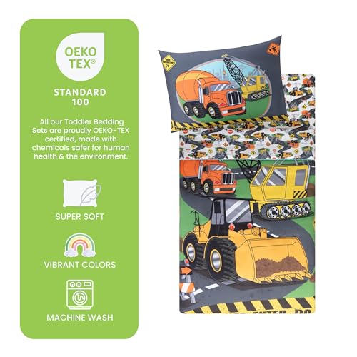 Image of Todays Kids Under Construction Toddler Bedding Set for Boys - 4-Piece Toddler Bed Comforter Sets for Boys, Reversible Comforter & Pillowcase, Flat Sheet, Fitted Sheet, Breathable & Soft Microfiber