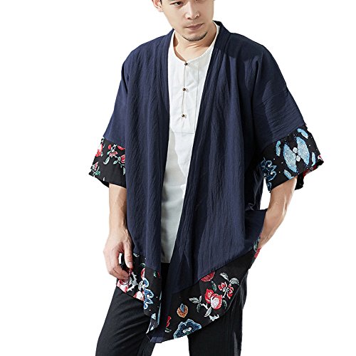 LZJN Men's Vintage Kimono Cardigan Cotton Linen Cloak Poncho Open Front Coat