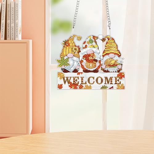 Image of AiYuanzsh Autumn Gnome Diamond Painting Hanging Sign, 5D DIY Acrylic Crystal Rhinestone Diamond Art Kit Pendant, Welcome Fall Decor for Door, Wall or Porch