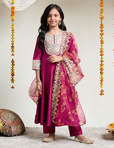 Image of Amazon Brand - Symbol Girl's Rayon Ethnic Wear Embroidered Kurta Set with Net Dupatta