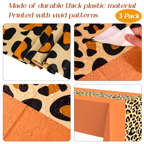 Image of Buryeah Leopard Print Tablecloth 54 x 108'' Leopard Plastic Table Cover Disposable Safari Animal Cheetah Print Party Decorations for Baby Shower Wedding Birthday Party Favors (Orange,3 Pcs)
