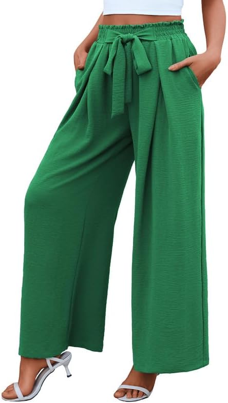 Women's High Waist Wide Leg Long Palazzo Pants Front Knot Tie Elastic Trousers with Pockets Lounge Business Work Pants