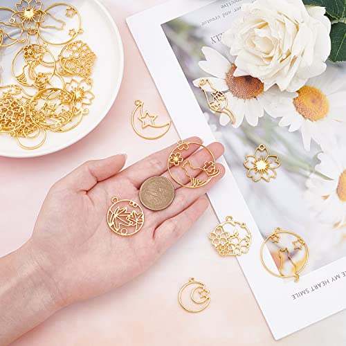 SUNNYCLUE 1 Box 32Pcs 8 Styles Alloy Open Back Bezel Pendants Moon Star Flat Round with Cat Flower Hollow Frame Charms for Crafts - Image 3