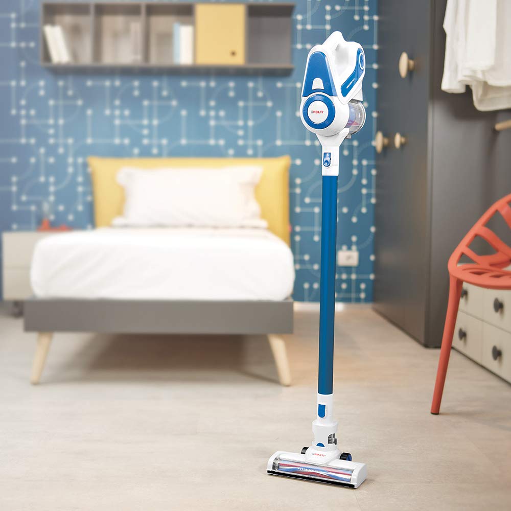 Polti Forzaspira SLIM SR90B_PLUS,Scopa Elettrica Senza Fili Ricaricabile, Aspirapolvere e Aspirabriciole, Tecnologia Ciclonica, 40 Minuti di Autonomia, Vertical Parking, con 3 Accessori, Bianco/Blu