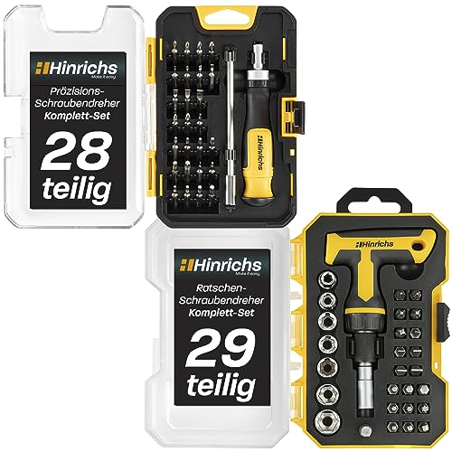 Hinrichs 2er Schraubendreher Set - 29-teiliges Ratschenschraubendreher Set mit T-Griff & 28-teiliges Präzisionsschraubendreher Set - Feinmechaniker Werkzeug Set - Multischraubenzieher Set