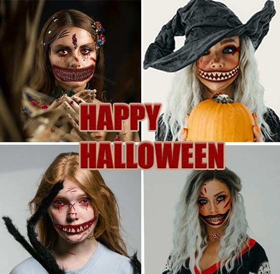 Miniatura 5 de Maquillaje de broma de Halloween 2023, tatuaje temporal para adultos y niños, 6 unidades, calcomanías de tatuaje falsas de boca de payaso,