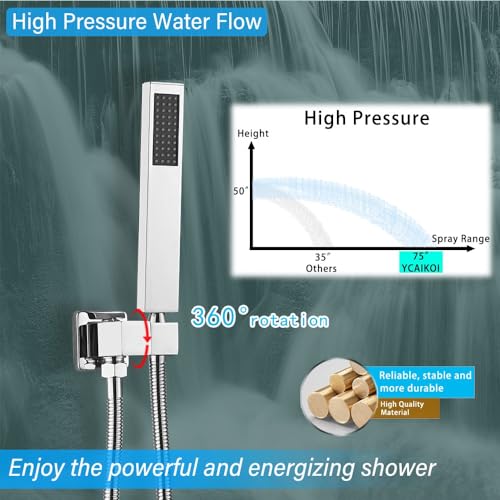 Image of Shower Faucet Set Complete, Wall Mount Shower System for Bathroom 12 Inch High-Pressure Rainfall Shower with Handheld, Rough-in Valve Body and Trim Kit, Polished Chrome
