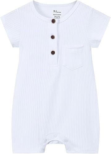 YJ Back home Mameluco acanalado de algodón de calidad para bebé, camisa de una pieza con botones delanteros de manga corta, Blanco