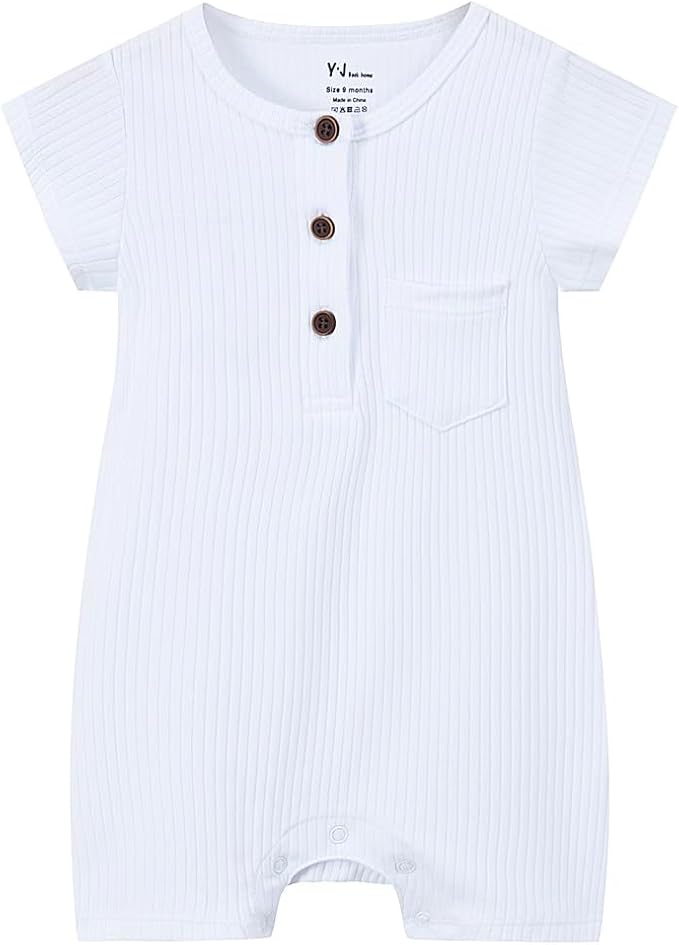 Y·J Back home Baby Infant Quality Cotton Ribbed Romper, Short Sleeve Button Down Front One-piece Shirt