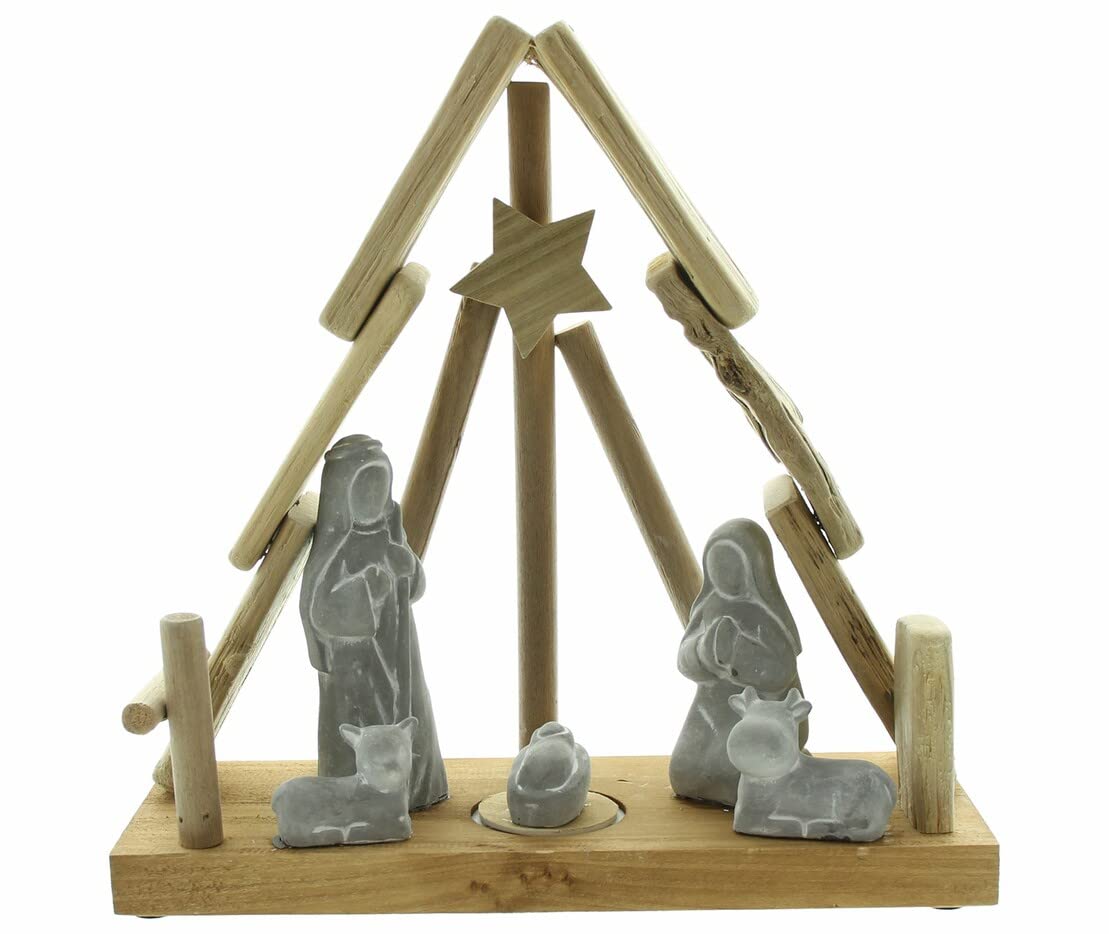 Dekoleidenschaft Crèche de Noël avec éclairage LED, étable en bois de hêtre, figurines en béton, décoration de Noël, crèche en bois