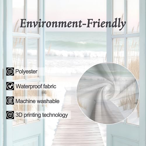 Image of Riyidecor Small Stall Blue Beach Shower Curtain 36Wx72H Inch Ocean Teal Barn Door Rustic Coastal Seaside Scenery Wood Hawaii Summer Beachy Path Bathroom Decor Fabric Polyester Waterproof 7 Pack Hooks