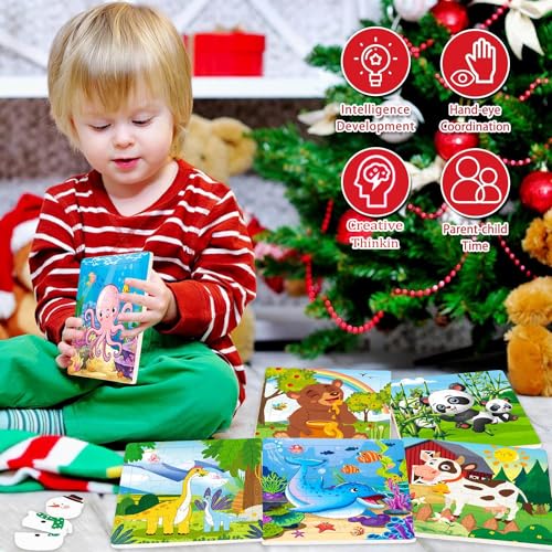 Rompecabezas de madera para niños de 3 a 6 años, paquete de 10 rompecabezas jigsaw de 20 piezas con animales (jirafa, tigre, cangrejo, delfín, dinosaurio, panda, cebra, oso, vaca y pulpo) miniatura 7