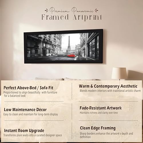 Image of PAINTINGMANTRA Paris City Vintage Red Car with Eiffel Tower View Wall Art Framed Luxury Paintings for Home Decoration, Living room, Bedroom and Office Decoration (99x38 CM)