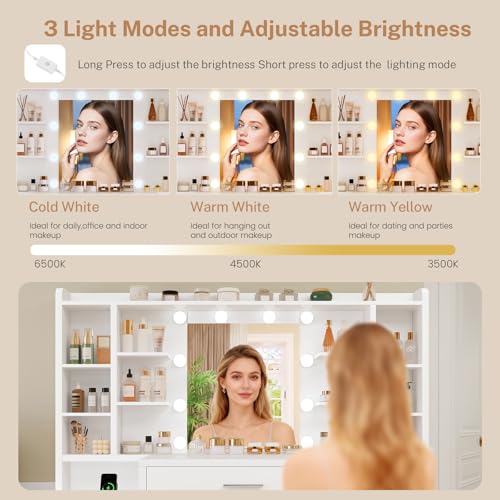 Image of FIONESO 47.2 inch Large Vanity Desk with LED Lighted Mirror & Power Outlet, Makeup Vanity Desk with 7 Drawers and Lots Open Shelves, White Vanity for Girls, for Bedroom