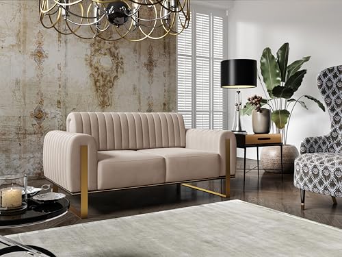 FURNISTAR Premium Pier Sofa 2-Sitzer, Glamour Design, Polstersofa mit drehbarer Rücklehne, Couch, Sofagarnitur, Wohnzimmer, goldene Metallfüße, Velour-Stoff - Creme – Bild 3