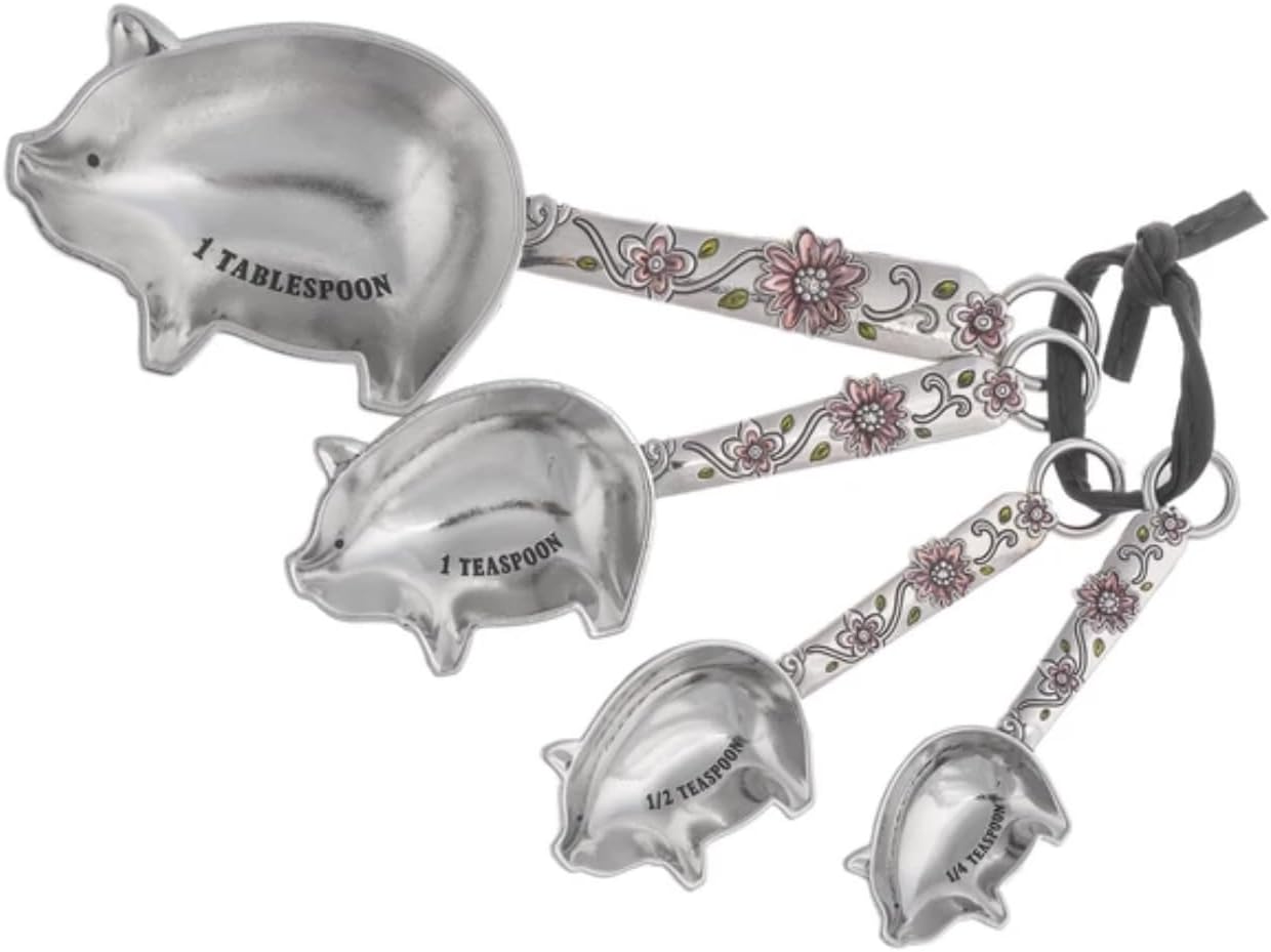 4-Piece Measuring Spoons Set, Farmhouse Pigs with Flowers