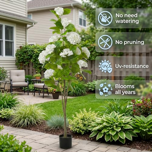 2 Pack 5 ft Artificial Hydrangea Tree Faux Hydrangea Plant in Pot, White by Daifunli - Used condition - Image 4