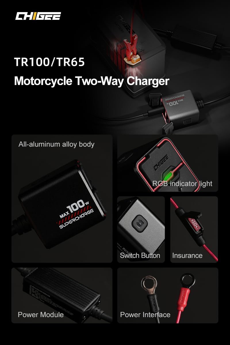 CHIGEE Neueste Generation Motorradbatterieladegerät, 100 W, ultrakompakt und leicht, Notladung, niedrige Standby-Leistung, IP66 wasserdicht, kompatibel mit Blei-Batterien