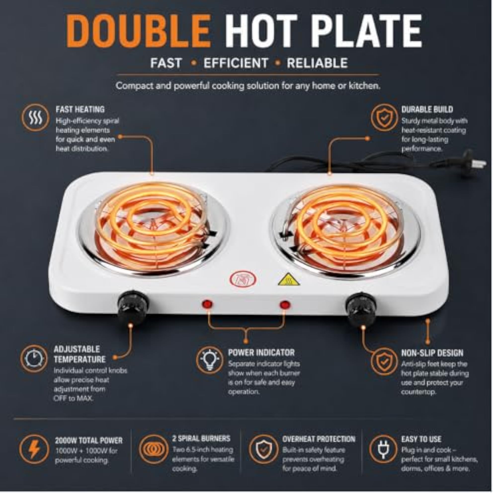 Dual Burner Electric Hot Plate, 2000W Countertop