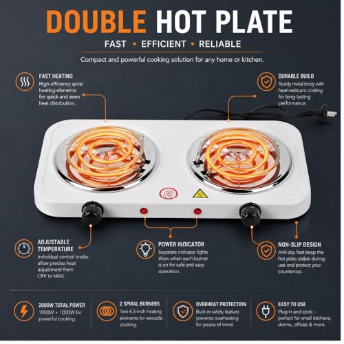 Image of Drumstone 𝟏𝟓 𝐘𝐞𝐚𝐫 𝐋𝐨𝐧𝐠 𝐋𝐢𝐟𝐞 𝐖𝐚𝐫𝐫𝐚𝐧𝐭𝐲, Dual Burner Electric Hot Plate, 2000W Countertop Cooker, Portable Cooking Stove with Temperature Control for Indoor Cooking
