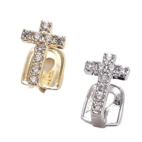 Dental Grills Hip-Hop Copper Micro-Inlaid Cross Zircon Braces with Full Diamond Sparkle Hip-Hop Gold Teeth Costume Accessory(2pc)