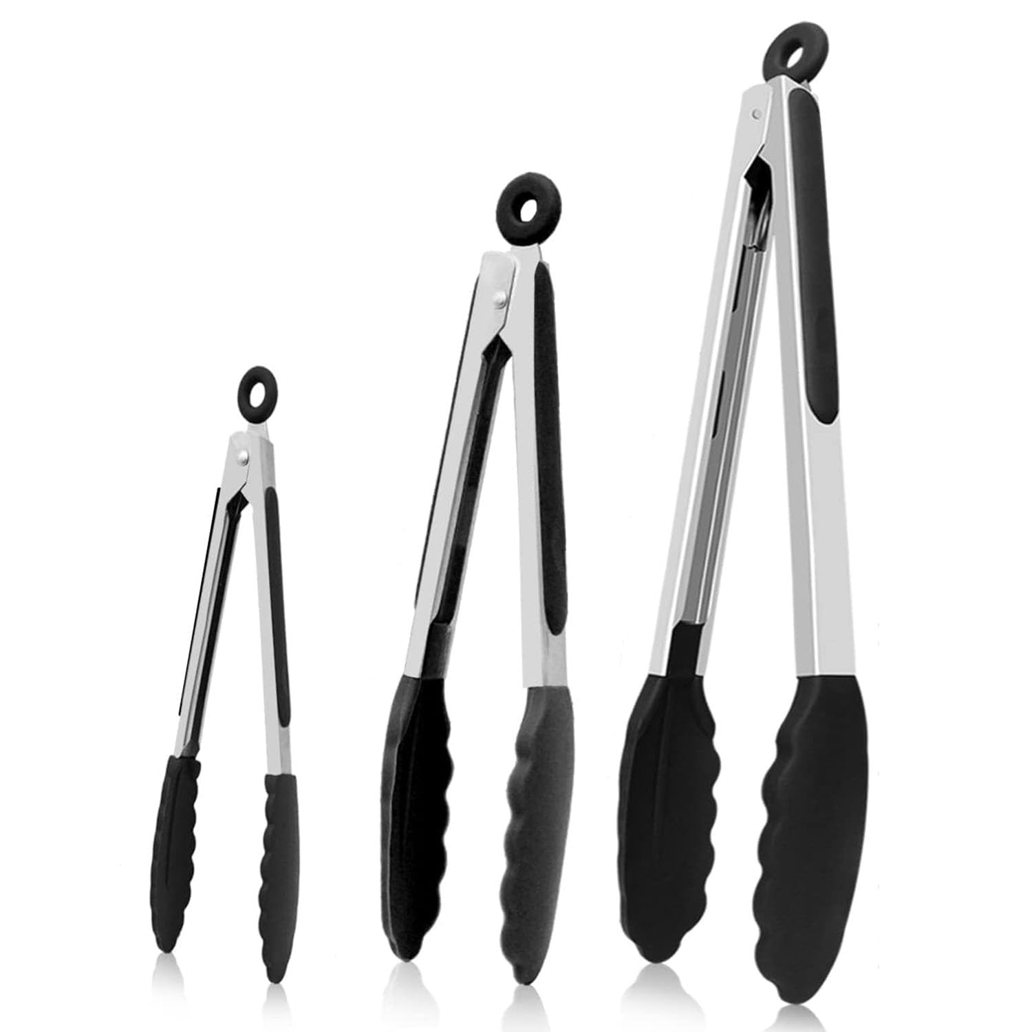 Kitchen Tongs 7 & 9 & 12 Inch Silicone Tip Tong Non-Slip Stainless Steel Tongs Easy Grip Food Grade Tong for Cooking, BBQ, Serving, Heat Resistant,Black