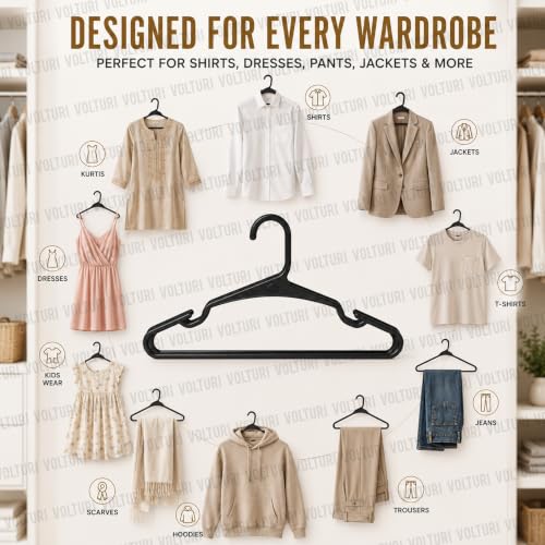 Image of VOLTURI 16 Pcs Hangers for Clothes Hanging, Premium Plastic Clothes Hangers, Wardrobe Organizers for Heavy Garments, Shirts, Pants, Dresses & Suits Water Resistant Non-Slip Design for Closet (Black)