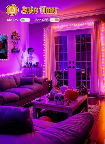Brightown Battery Operated Halloween Lights Outdoor, 10FT 120 LED Orange and Purple Halloween Cluster Lights with Timer, 8 Modes Waterproof Twinkle Fairy String Lights for Indoor Decorations - image 5