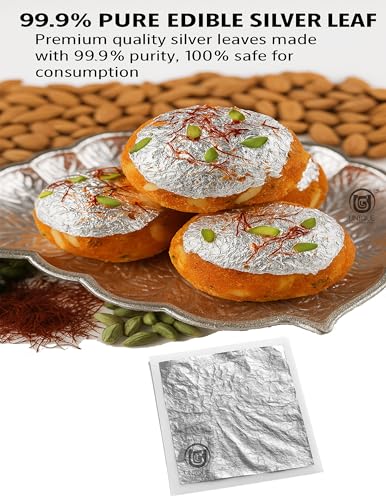 Image of UGLS Edible Silver Leaves 99.9% Pure (Chandi Ka Vark) Silver Leaf ( 50 Pcs ) for Edible Cake Toppers, Sweets Decoration (Mithai), Cake Decoration, Pooja & Jain Temple Use & Many More Uses | (3x5.in /80x130.mm)
