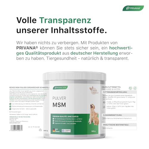 Privana Reines MSM-Pulver für Hunde, Katzen & Pferde (500g) –organisches Schwefel-Pulver für Gelenke, Knochen, Sehnen–Ergänzungsfuttermittel für Tiere