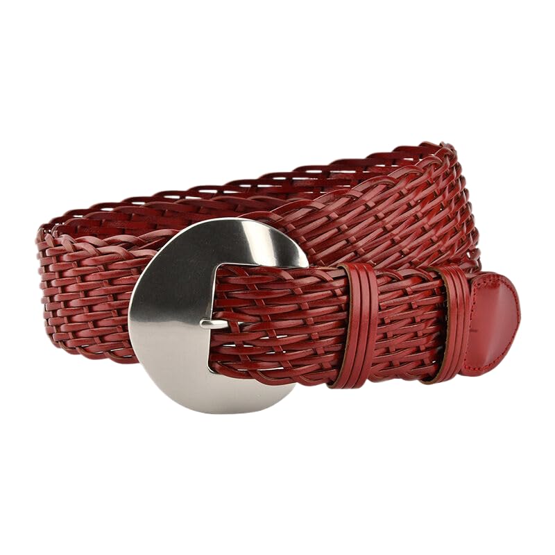 Braided Wide Leather Belts for Women Woven Belt with Round Silver Buckle Boho Belts for Jean Dress,Red,105CM/41.3'' - Main Image