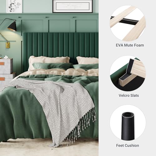Image of Allewie King Bed Frame, Velvet Upholstered Platform Bed with Adjustable Vertical Channel Tufted Headboard, Mattress Foundation with Strong Wooden Slats, Box Spring Optional, Easy Assembly, Green