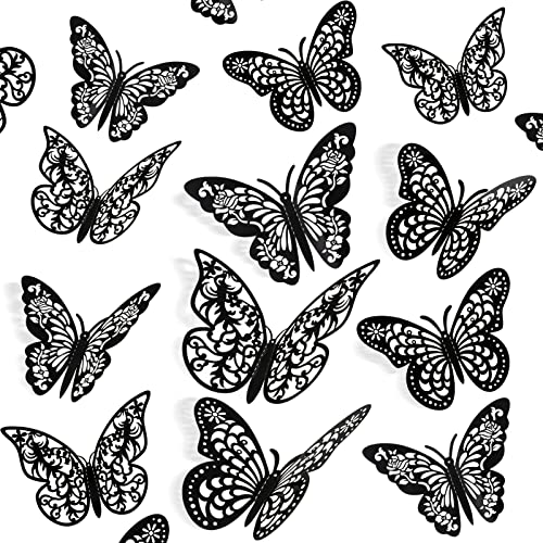 InsuWood 3D Butterfly Wall Decor, 72 Pcs, 3 Styles, 3 Sizes, Black Butterflies for Party, Birthday, Cake Decorations, Removable Stickers for Wedding Room Flower Decor